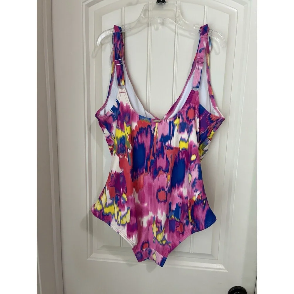 DKNY Ruffle Plunge Underwire Tummy Control One-Piece Swimsuit Sz 16 Pink - Picture 2 of 2